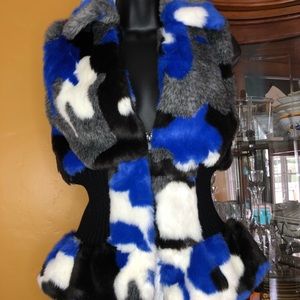 GLAM!! One of a kind camouflage fur vest blue!